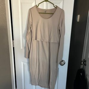 Mother Bee Maternity Beige Long Sleeve Nursing Dress